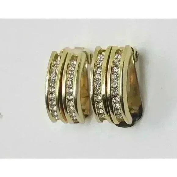 Vintage Hanae Mori Chanter Paris Clip Gold Rhinestone Earrings - Picture 6 of 11